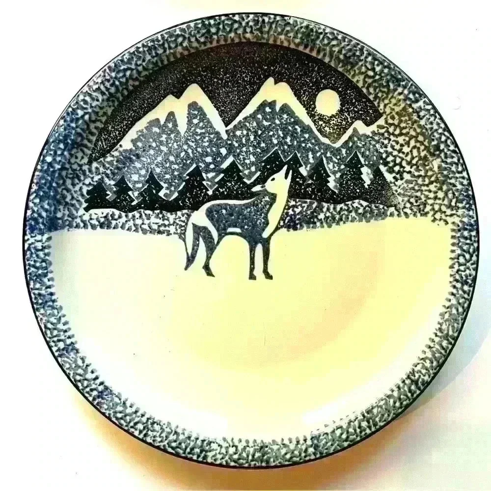 Tienshan Folk Craft Lone Wolf Stoneware Platter  Black Blue White 12